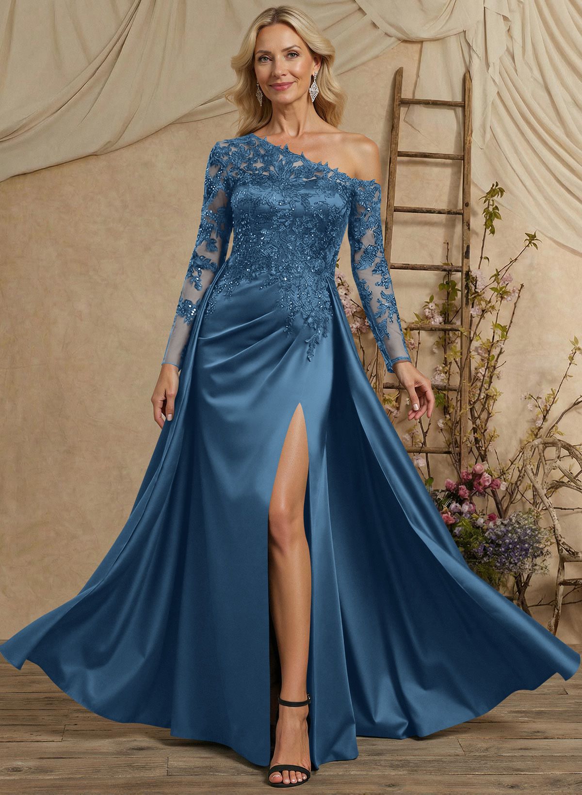 A-Line Asymmetrical Long Sleeves Floor-Length Lace/Satin Mother Of The Bride Dresses With High Split