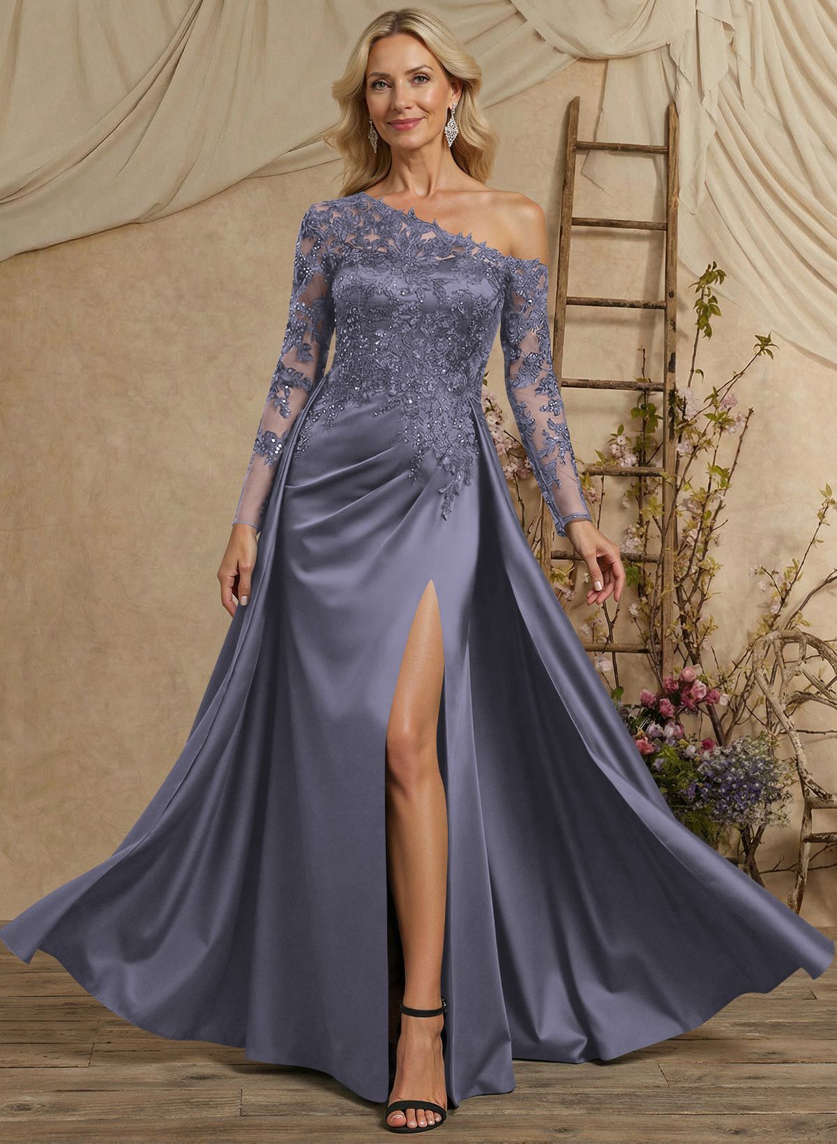 A-Line Asymmetrical Long Sleeves Floor-Length Lace/Satin Mother Of The Bride Dresses With High Split