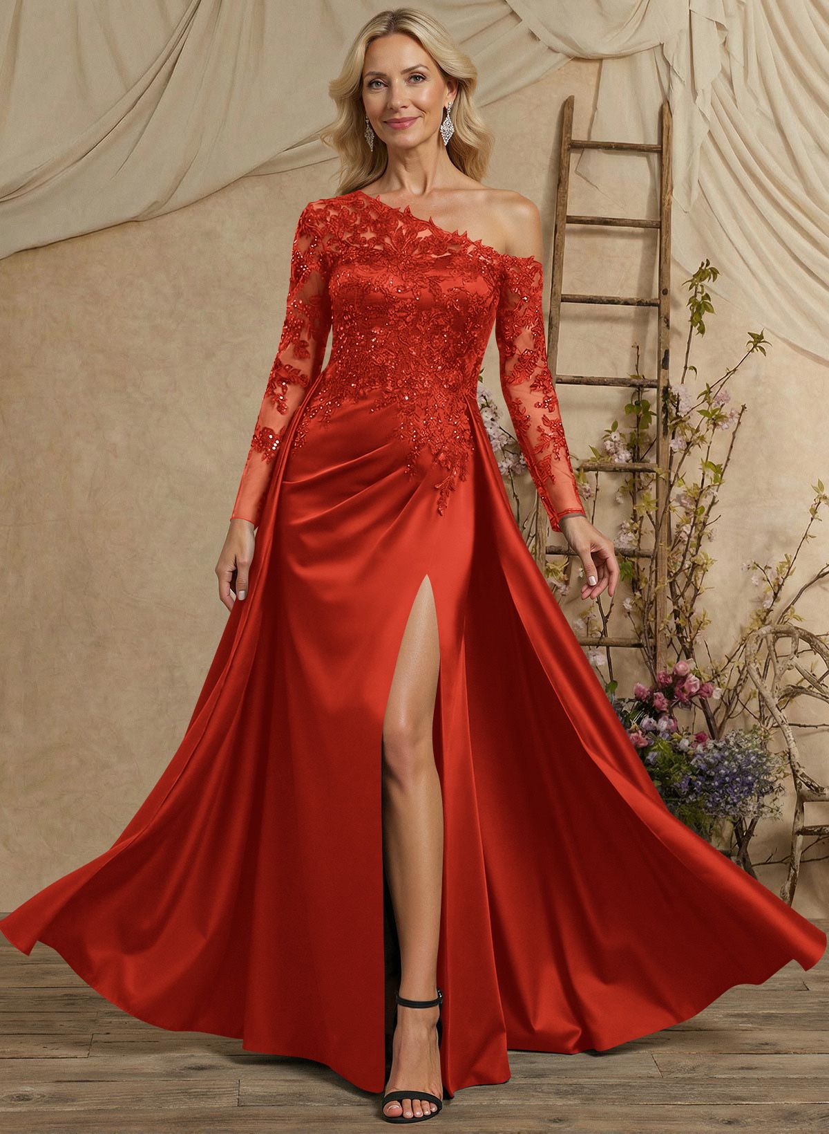 A-Line Asymmetrical Long Sleeves Floor-Length Lace/Satin Mother Of The Bride Dresses With High Split