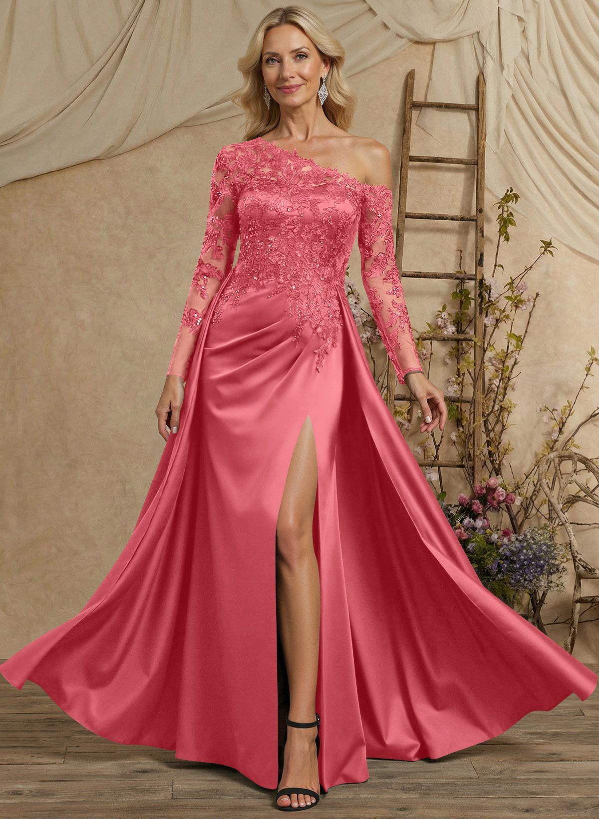 A-Line Asymmetrical Long Sleeves Floor-Length Lace/Satin Mother Of The Bride Dresses With High Split