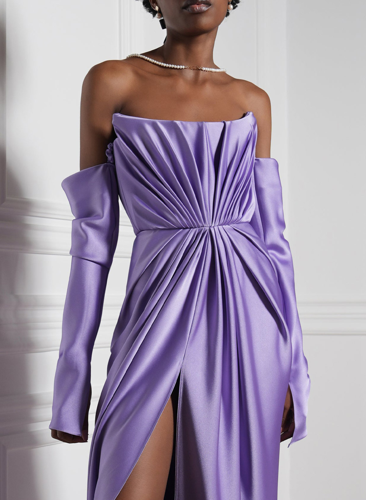 A-Line Off-The-Shoulder Long Sleeves Sweep Train Stretch Satin Knit Evening Dresses in Tahiti, US2