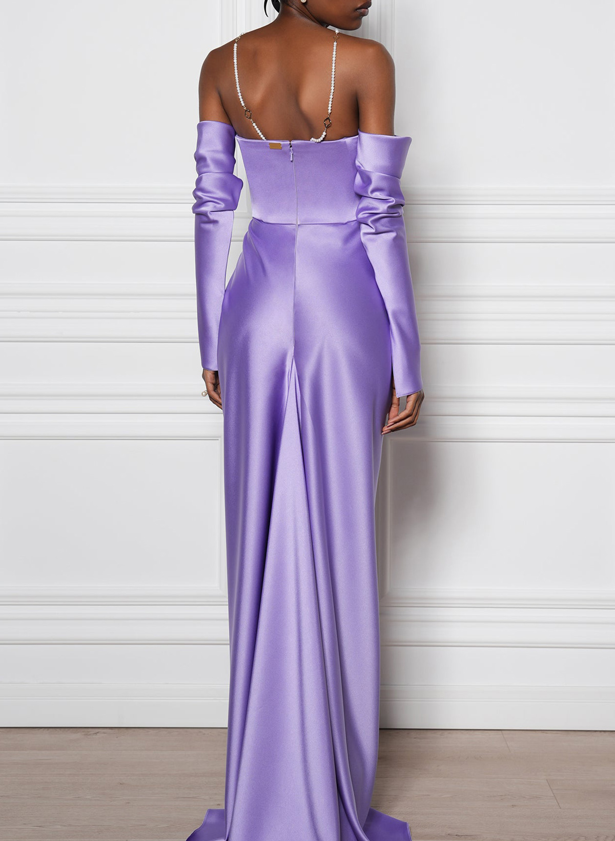 A-Line Off-The-Shoulder Long Sleeves Sweep Train Stretch Satin Knit Evening Dresses, supplier image 2