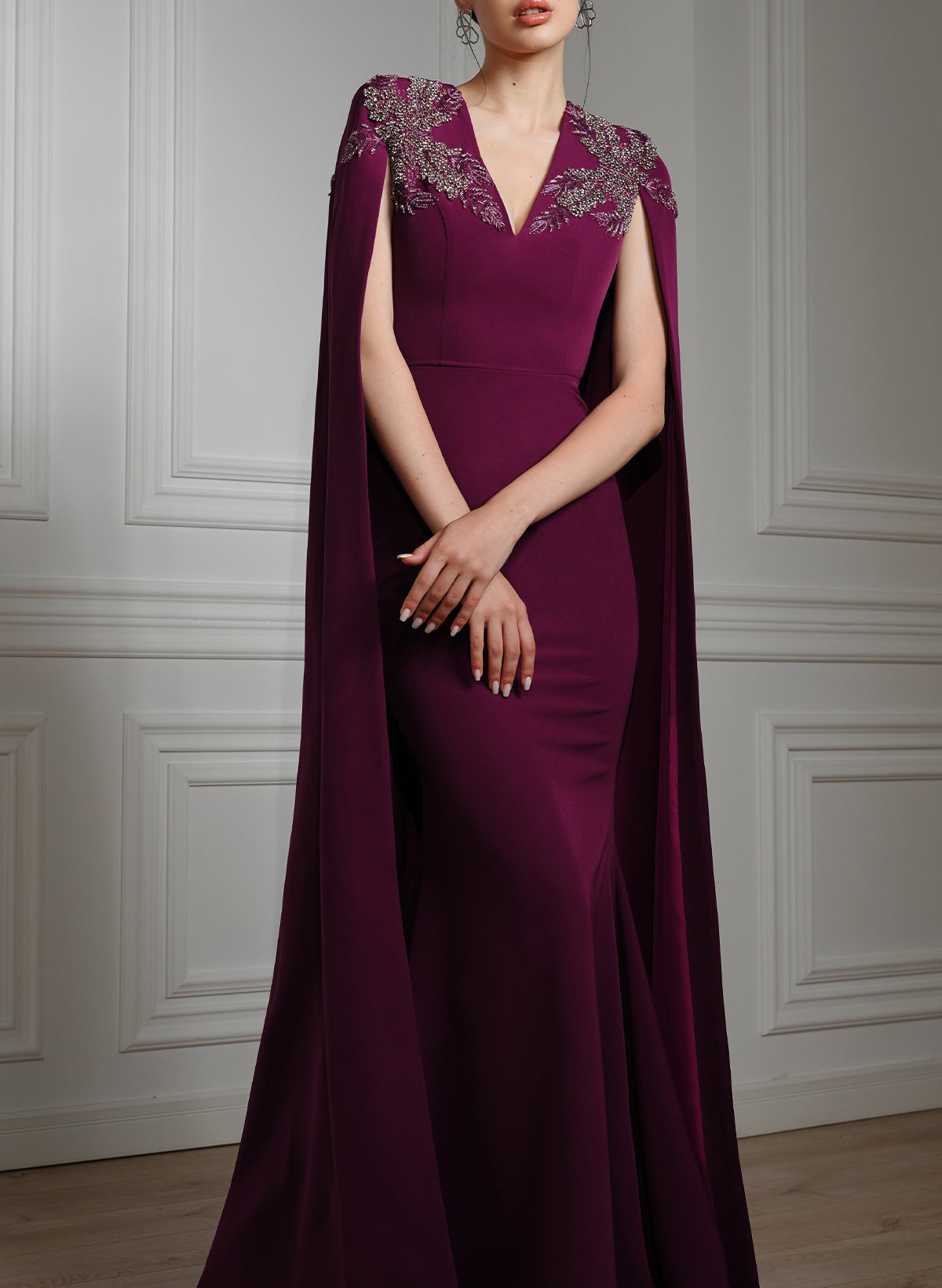 Trumpet/Mermaid V-Neck Cape Sleeves Sweep Train Elastic Satin Evening Dresses With Flower(s), supplier image 1