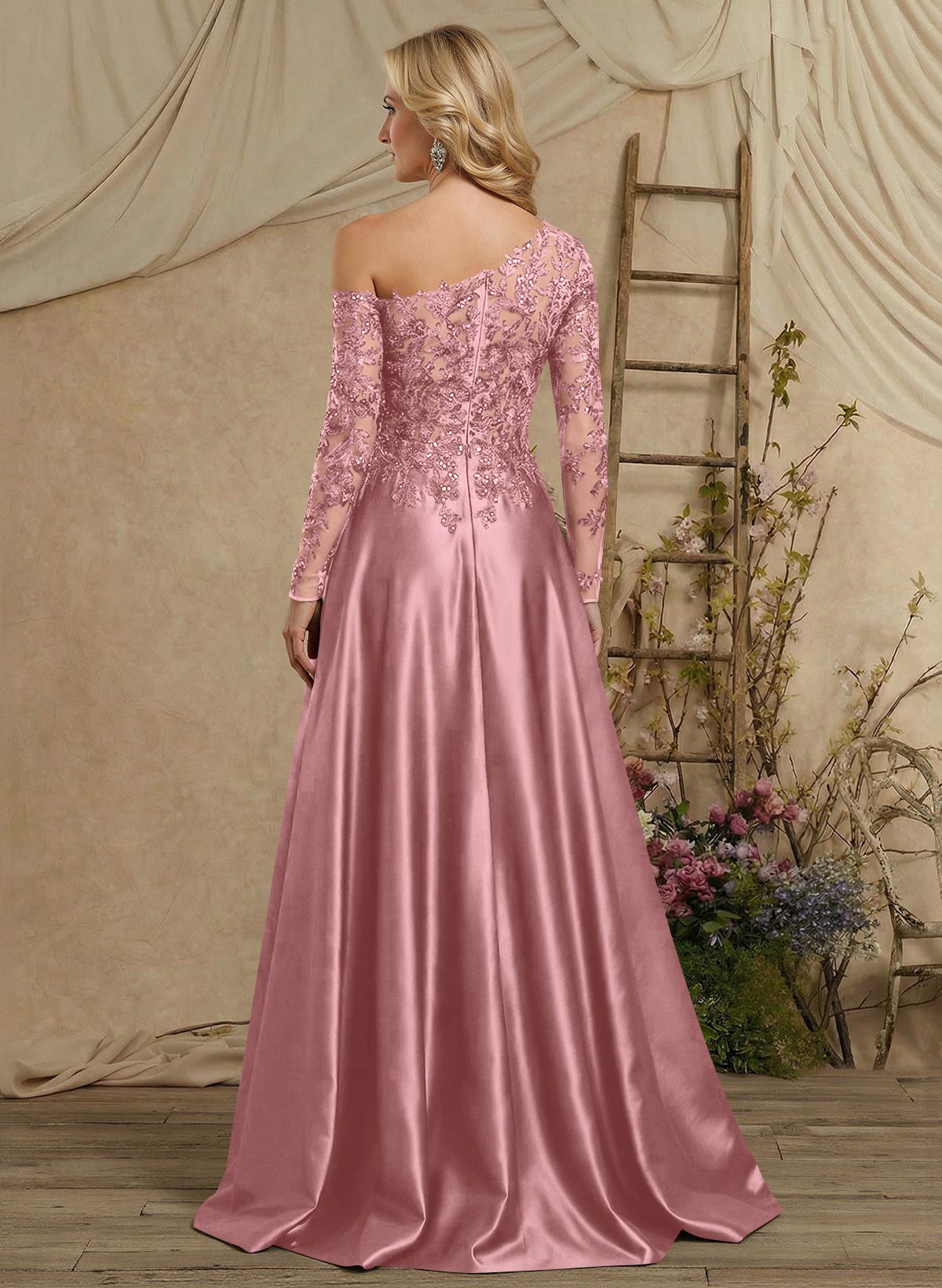 A-Line Asymmetrical Long Sleeves Floor-Length Lace/Satin Mother Of The Bride Dresses With High Split