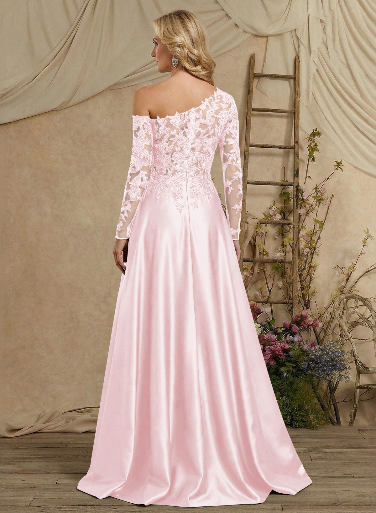 A-Line Asymmetrical Long Sleeves Floor-Length Lace/Satin Mother Of The Bride Dresses With High Split