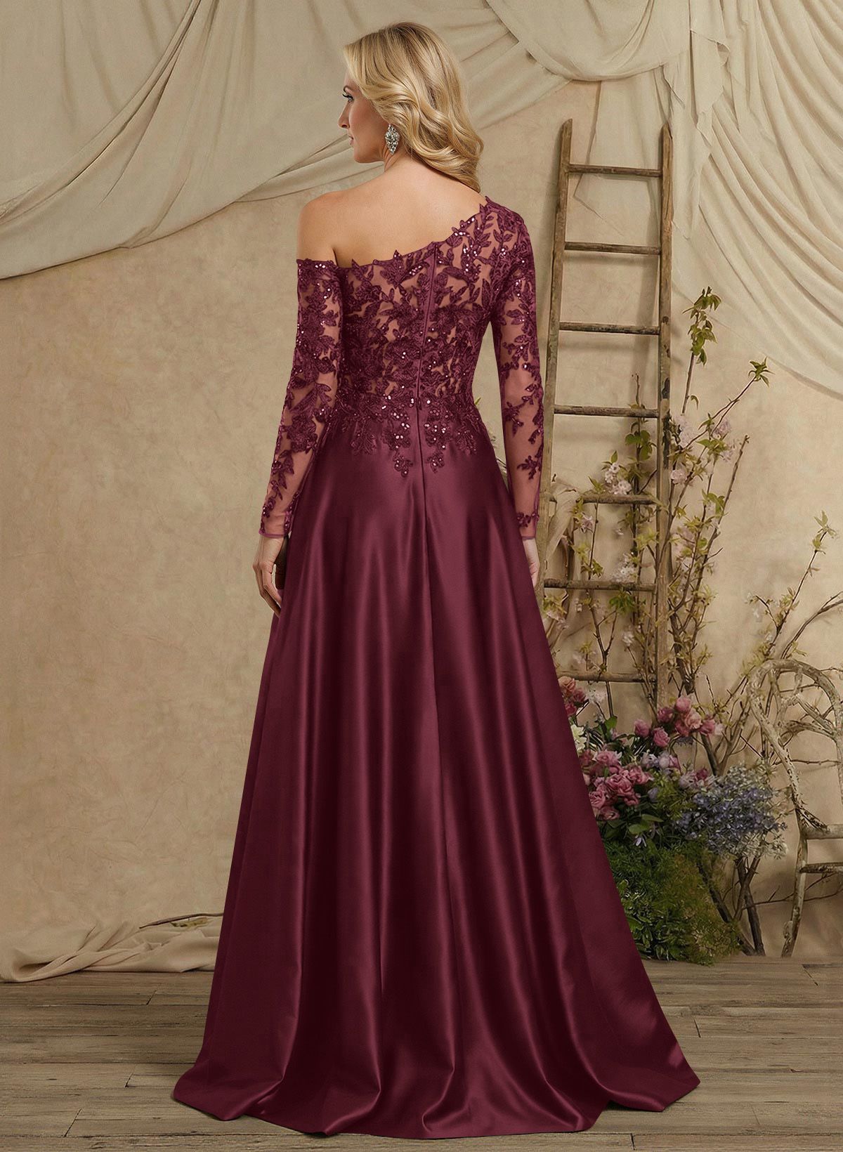 A-Line Asymmetrical Long Sleeves Floor-Length Lace/Satin Mother Of The Bride Dresses With High Split