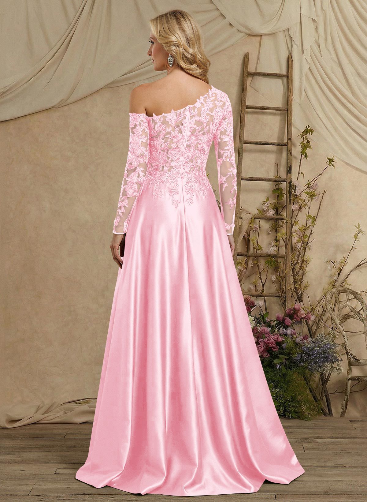 A-Line Asymmetrical Long Sleeves Floor-Length Lace/Satin Mother Of The Bride Dresses With High Split