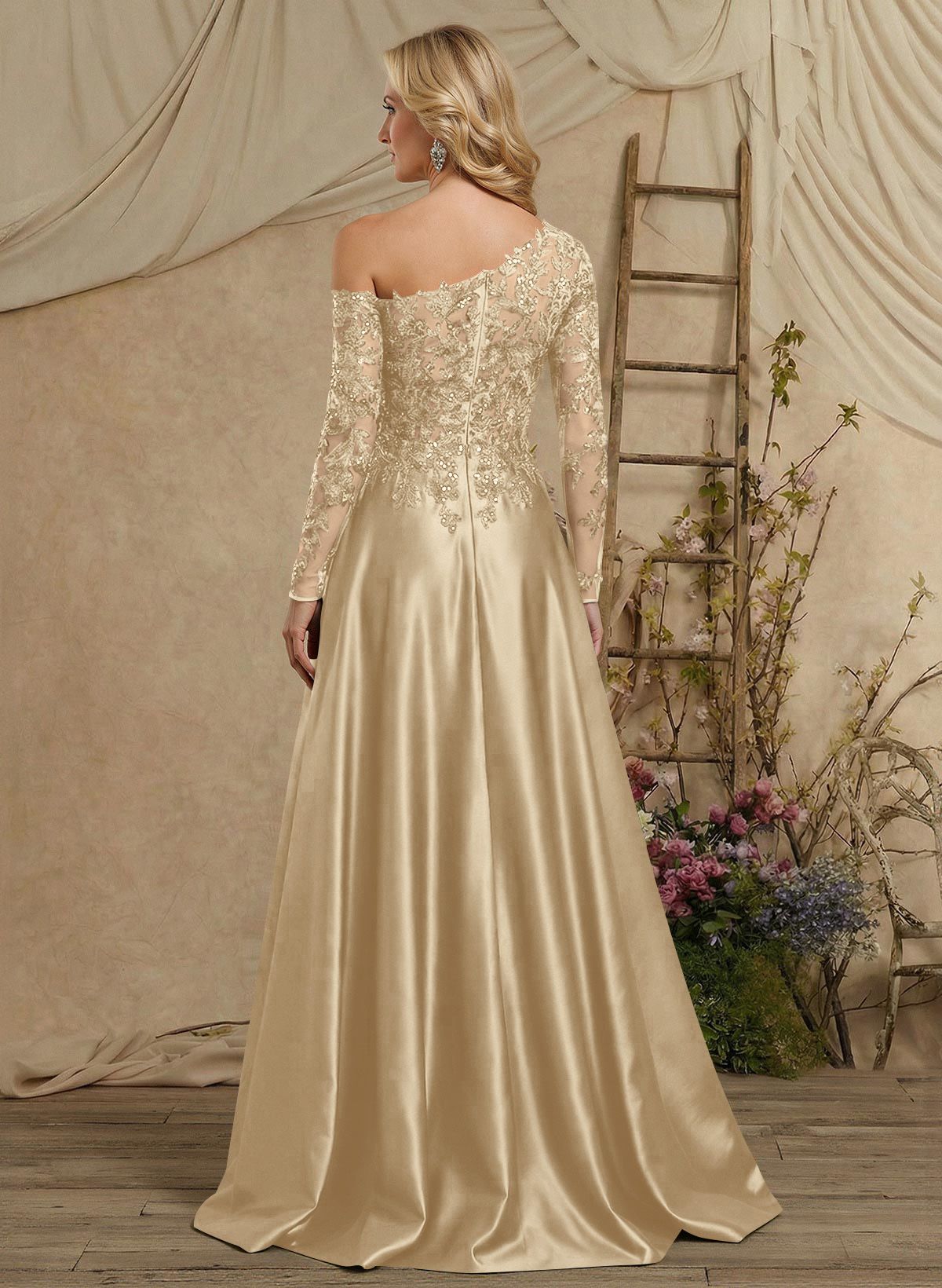 A-Line Asymmetrical Long Sleeves Floor-Length Lace/Satin Mother Of The Bride Dresses With High Split