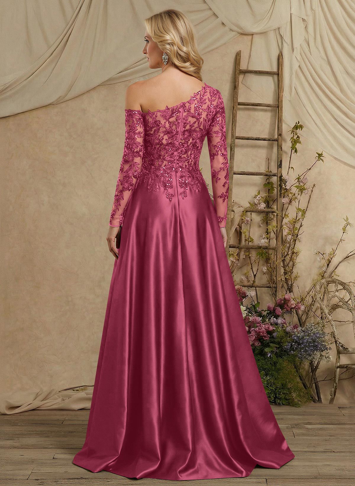 A-Line Asymmetrical Long Sleeves Floor-Length Lace/Satin Mother Of The Bride Dresses With High Split