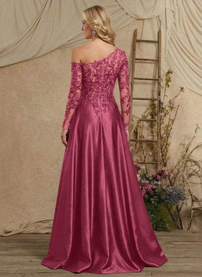 A-Line Asymmetrical Long Sleeves Floor-Length Lace/Satin Mother Of The Bride Dresses With High Split