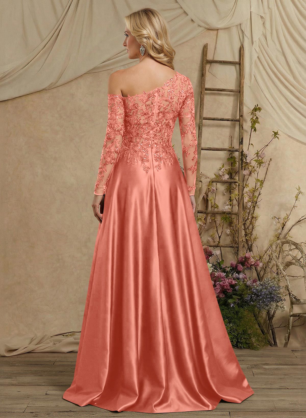 A-Line Asymmetrical Long Sleeves Floor-Length Lace/Satin Mother Of The Bride Dresses With High Split