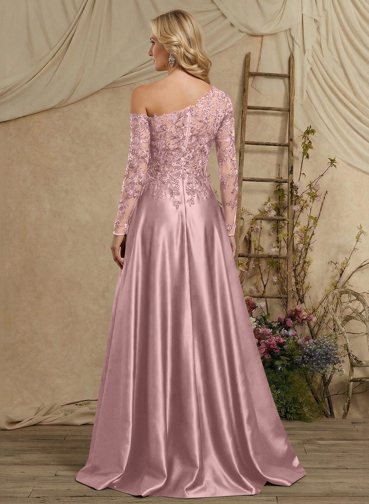A-Line Asymmetrical Long Sleeves Floor-Length Lace/Satin Mother Of The Bride Dresses With High Split