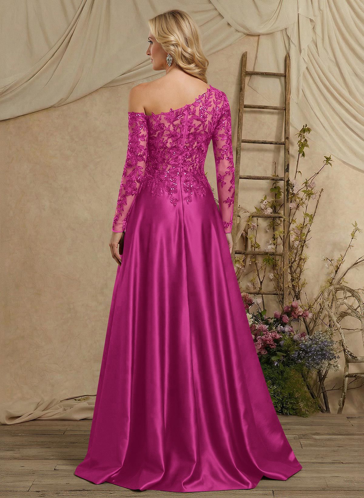 A-Line Asymmetrical Long Sleeves Floor-Length Lace/Satin Mother Of The Bride Dresses With High Split