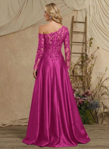 A-Line Asymmetrical Long Sleeves Floor-Length Lace/Satin Mother Of The Bride Dresses With High Split