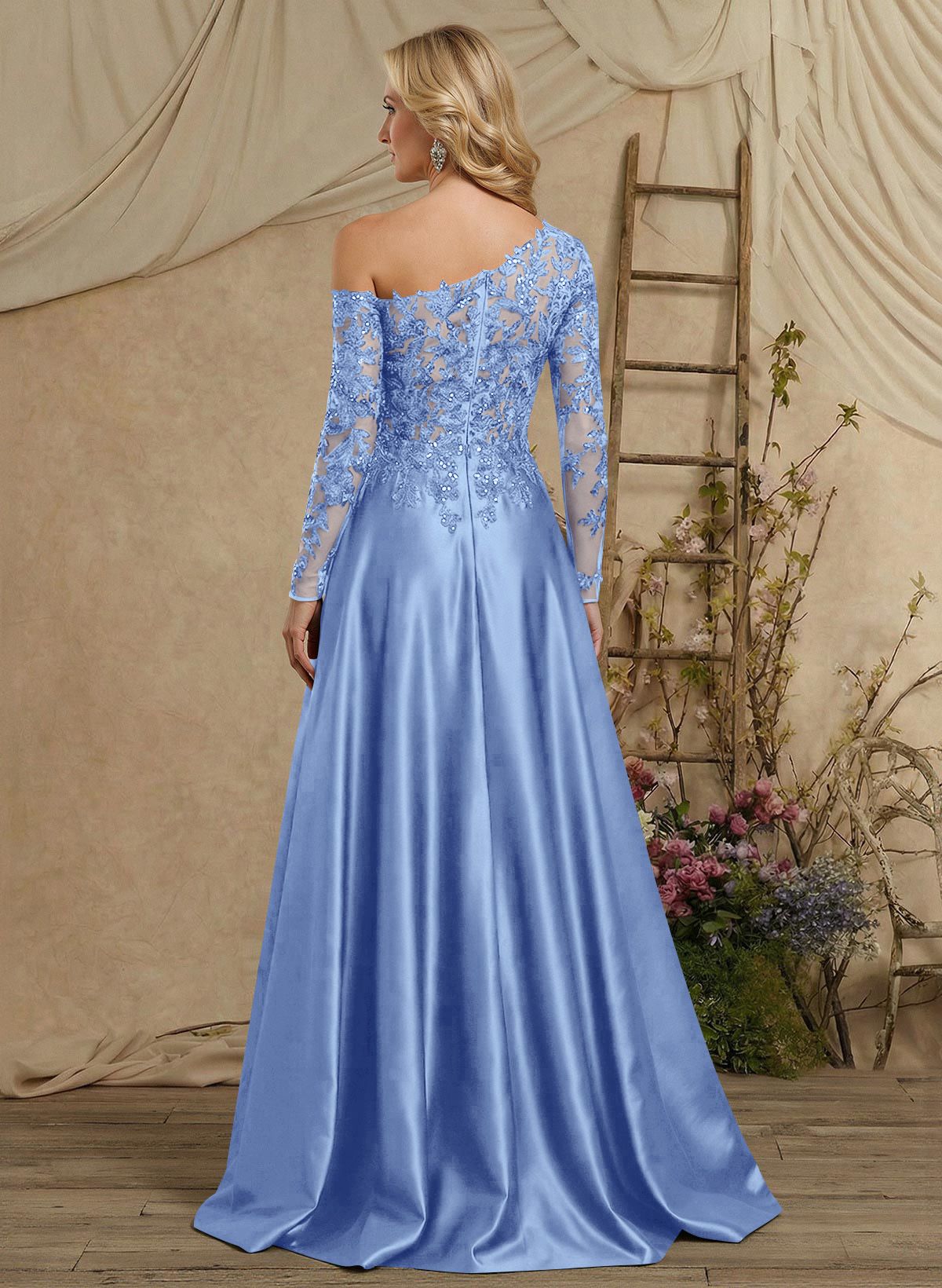 A-Line Asymmetrical Long Sleeves Floor-Length Lace/Satin Mother Of The Bride Dresses With High Split