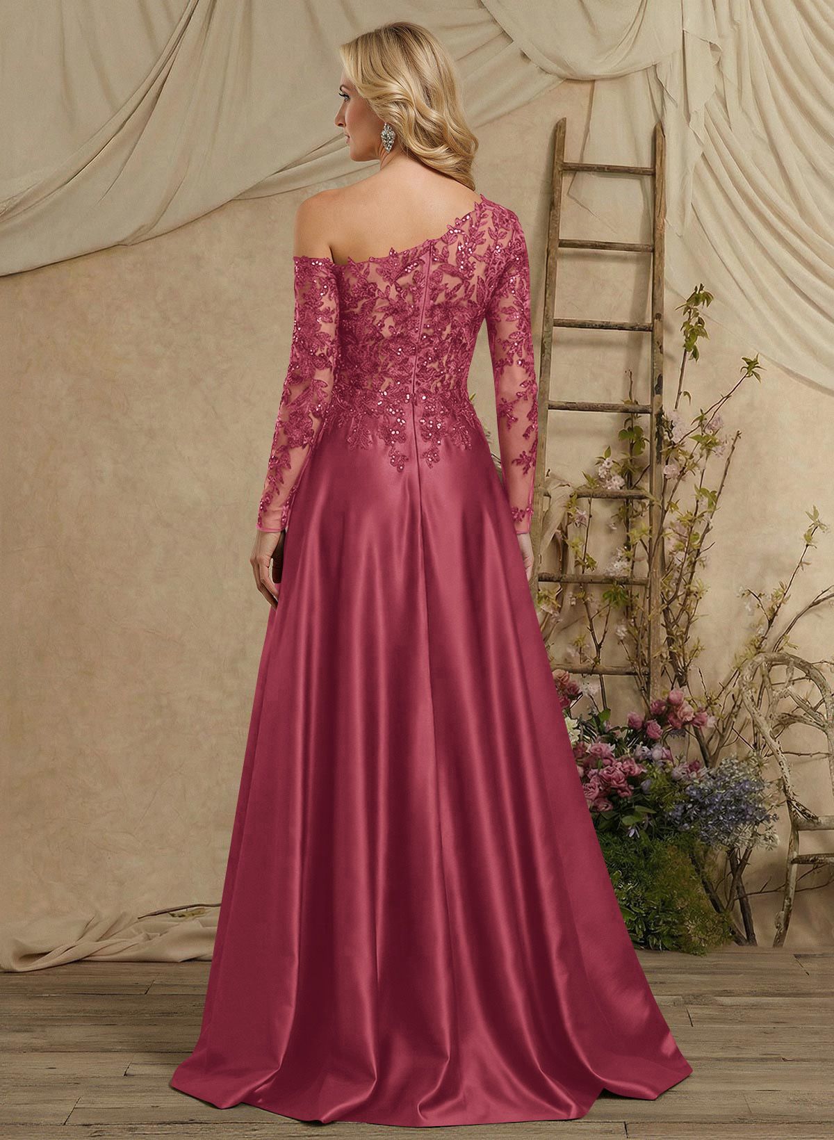 A-Line Asymmetrical Long Sleeves Floor-Length Lace/Satin Mother Of The Bride Dresses With High Split