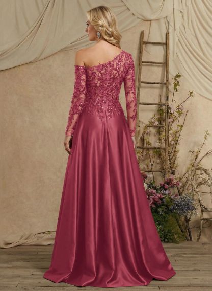 A-Line Asymmetrical Long Sleeves Floor-Length Lace/Satin Mother Of The Bride Dresses With High Split