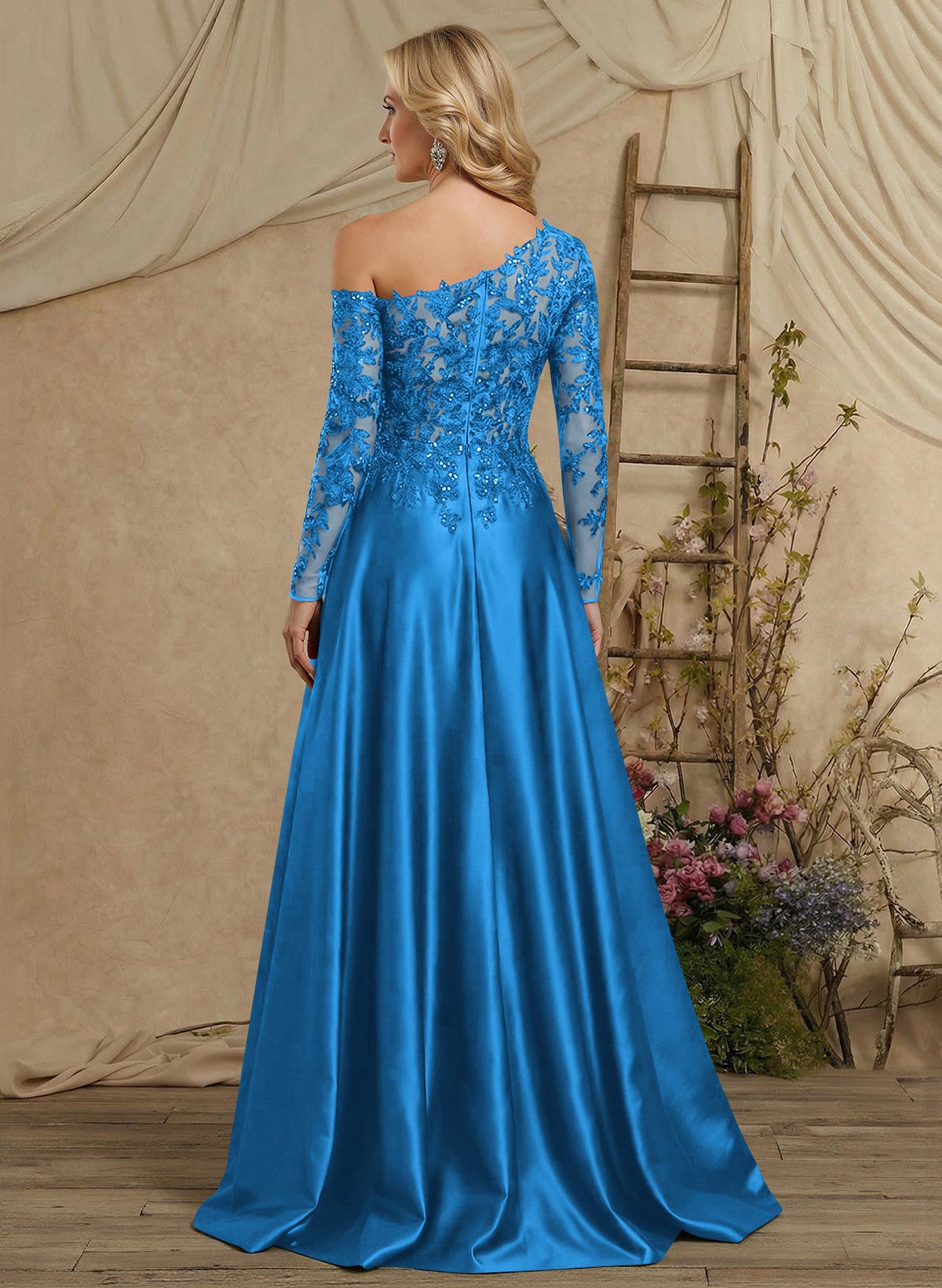 A-Line Asymmetrical Long Sleeves Floor-Length Lace/Satin Mother Of The Bride Dresses With High Split