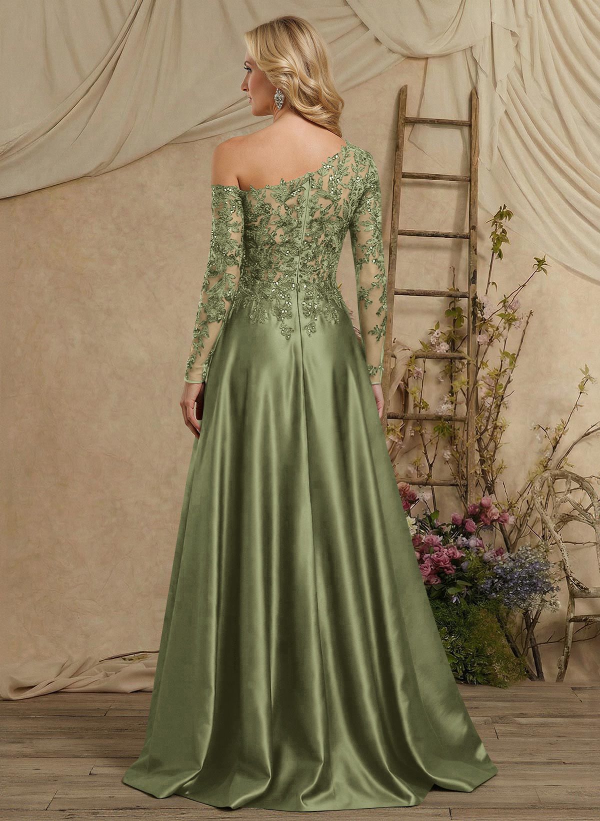 A-Line Asymmetrical Long Sleeves Floor-Length Lace/Satin Mother Of The Bride Dresses With High Split