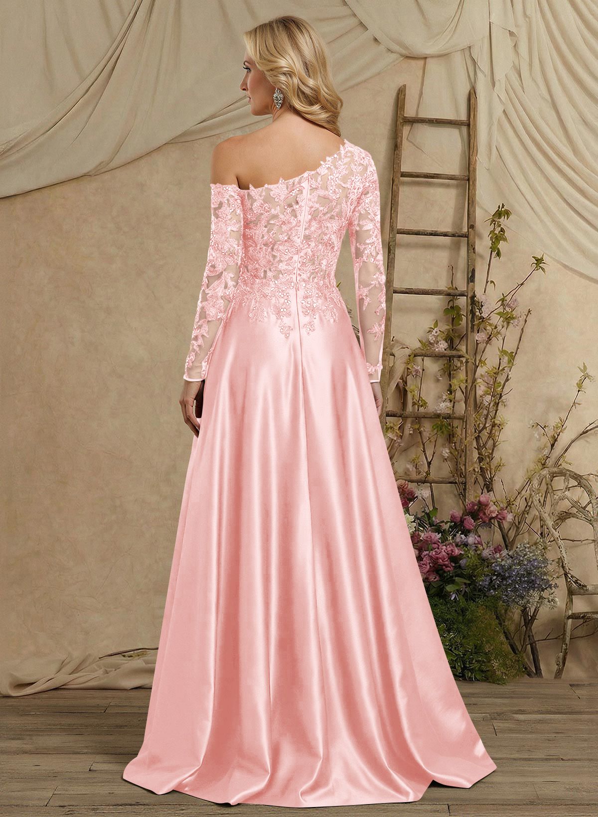 A-Line Asymmetrical Long Sleeves Floor-Length Lace/Satin Mother Of The Bride Dresses With High Split