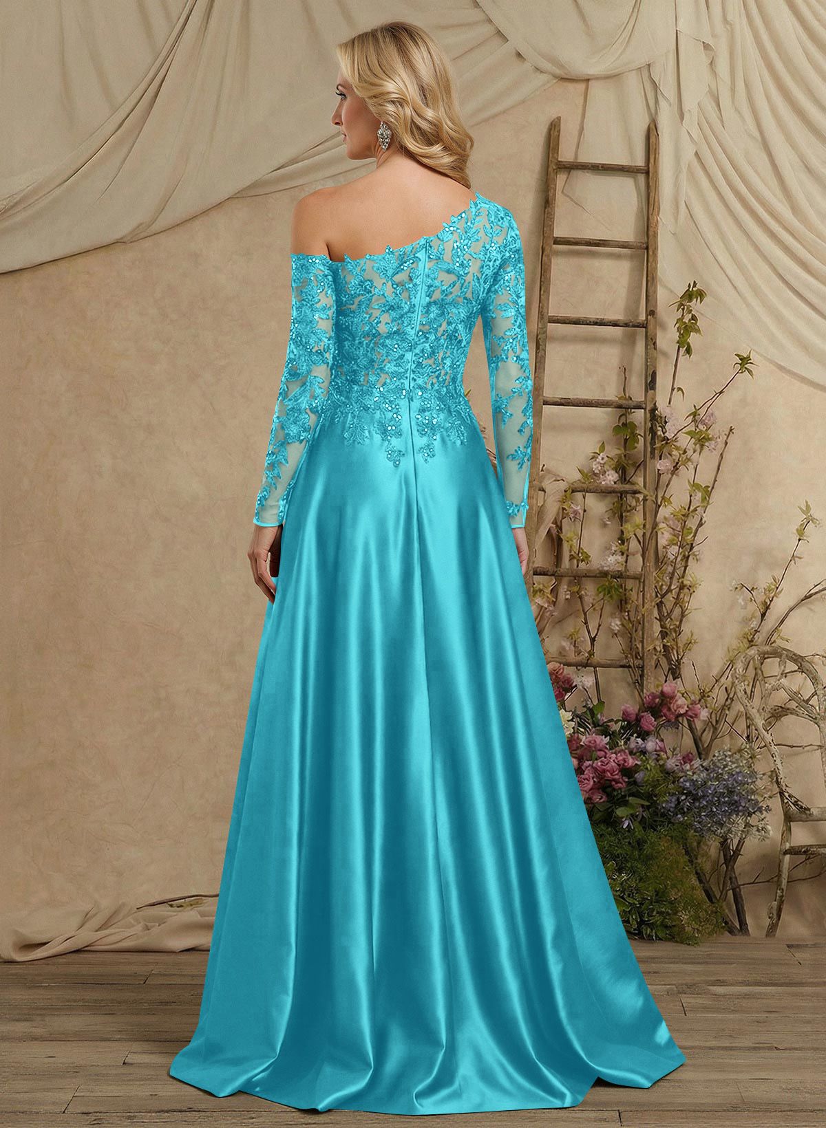 A-Line Asymmetrical Long Sleeves Floor-Length Lace/Satin Mother Of The Bride Dresses With High Split