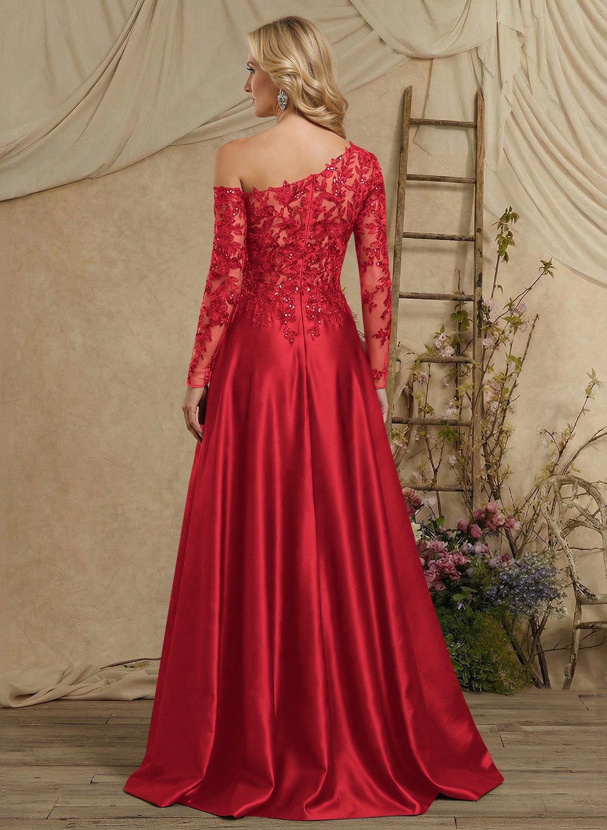 A-Line Asymmetrical Long Sleeves Floor-Length Lace/Satin Mother Of The Bride Dresses With High Split