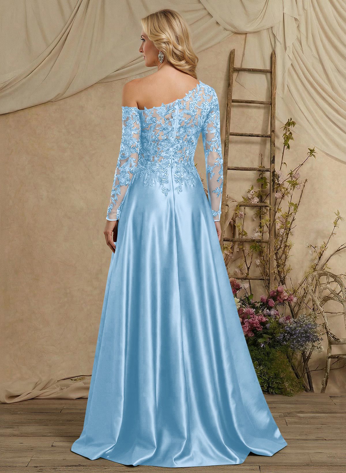 A-Line Asymmetrical Long Sleeves Floor-Length Lace/Satin Mother Of The Bride Dresses With High Split