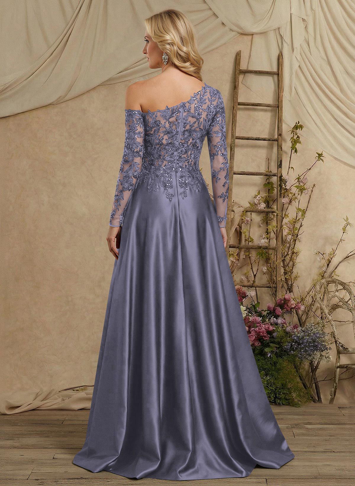 A-Line Asymmetrical Long Sleeves Floor-Length Lace/Satin Mother Of The Bride Dresses With High Split