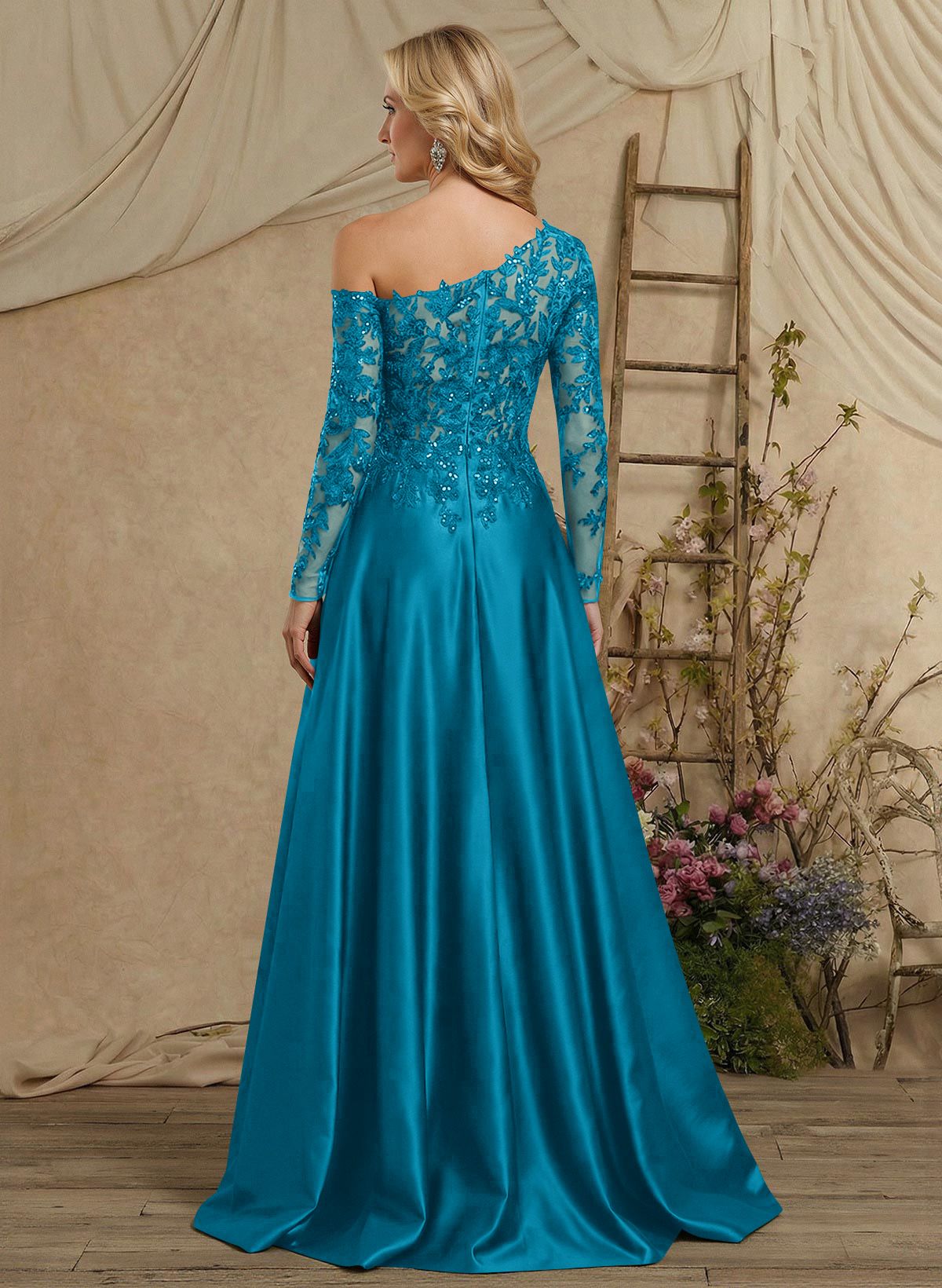 A-Line Asymmetrical Long Sleeves Floor-Length Lace/Satin Mother Of The Bride Dresses With High Split