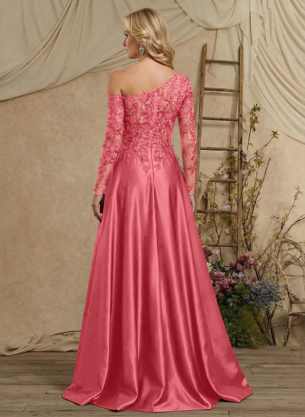 A-Line Asymmetrical Long Sleeves Floor-Length Lace/Satin Mother Of The Bride Dresses With High Split