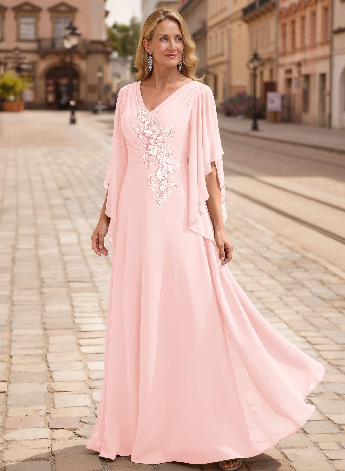 A-Line V-Neck 1/2 Sleeves Floor-Length Chiffon Mother Of The Bride Dresses With Appliques Lace