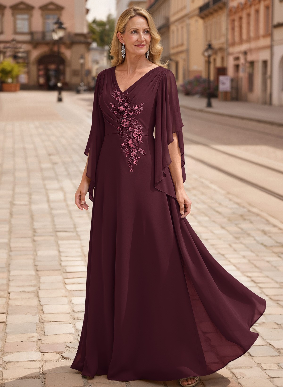 A-Line V-Neck 1/2 Sleeves Floor-Length Chiffon Mother Of The Bride Dresses With Appliques Lace