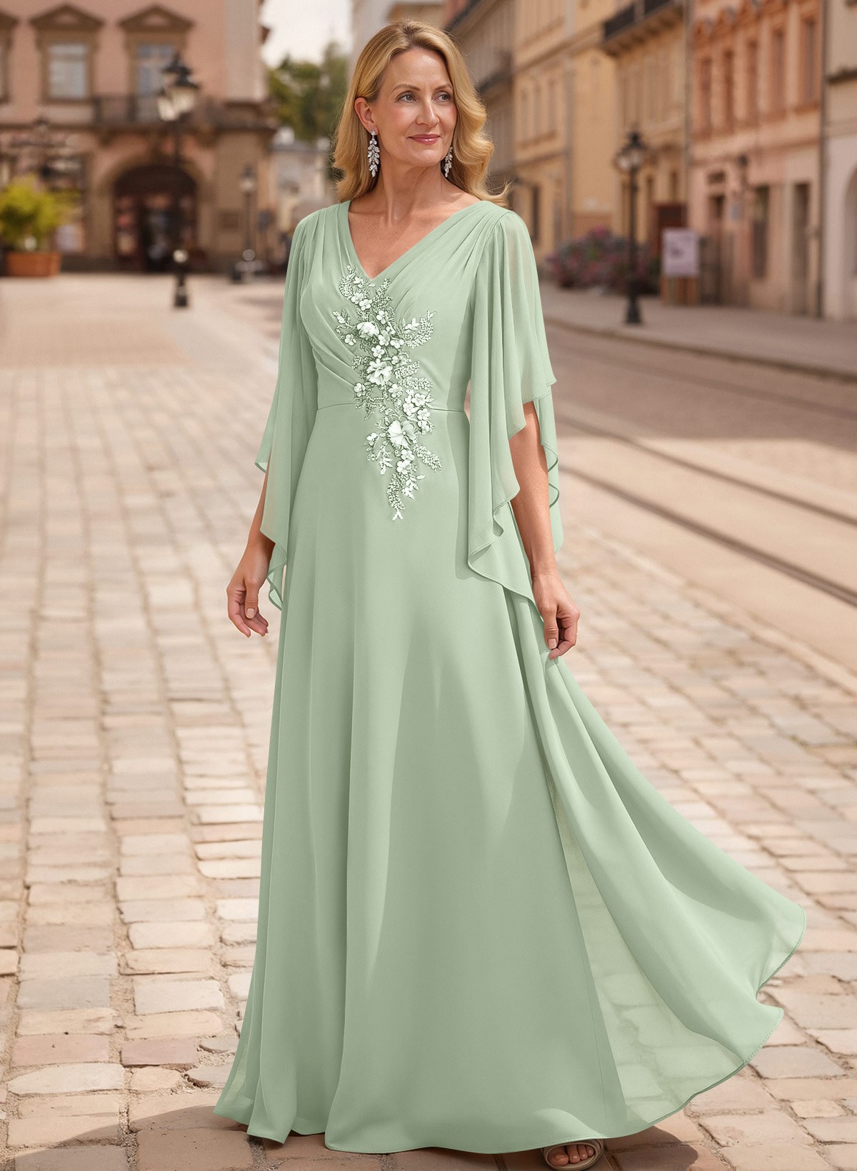 A-Line V-Neck 1/2 Sleeves Floor-Length Chiffon Mother Of The Bride Dresses With Appliques Lace