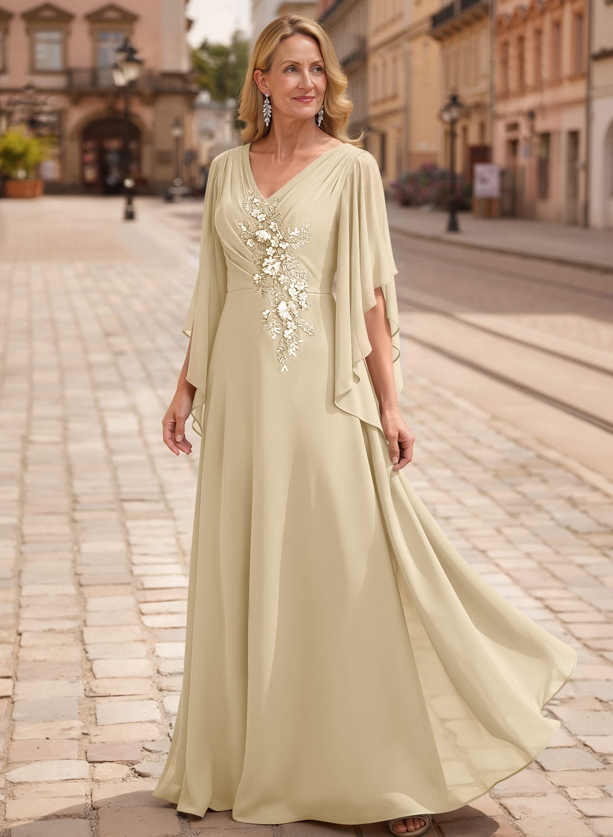 A-Line V-Neck 1/2 Sleeves Floor-Length Chiffon Mother Of The Bride Dresses With Appliques Lace