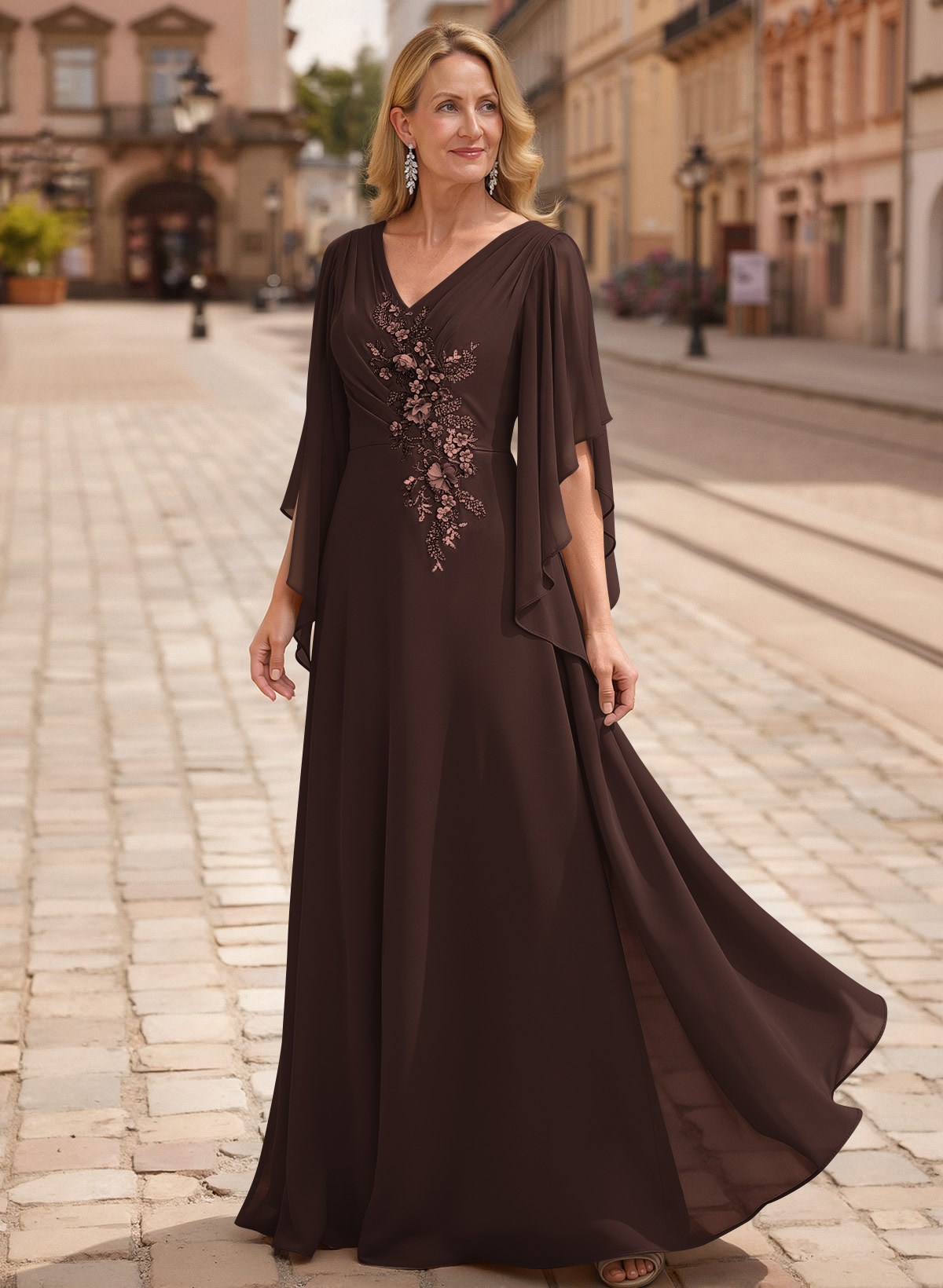 A-Line V-Neck 1/2 Sleeves Floor-Length Chiffon Mother Of The Bride Dresses With Appliques Lace