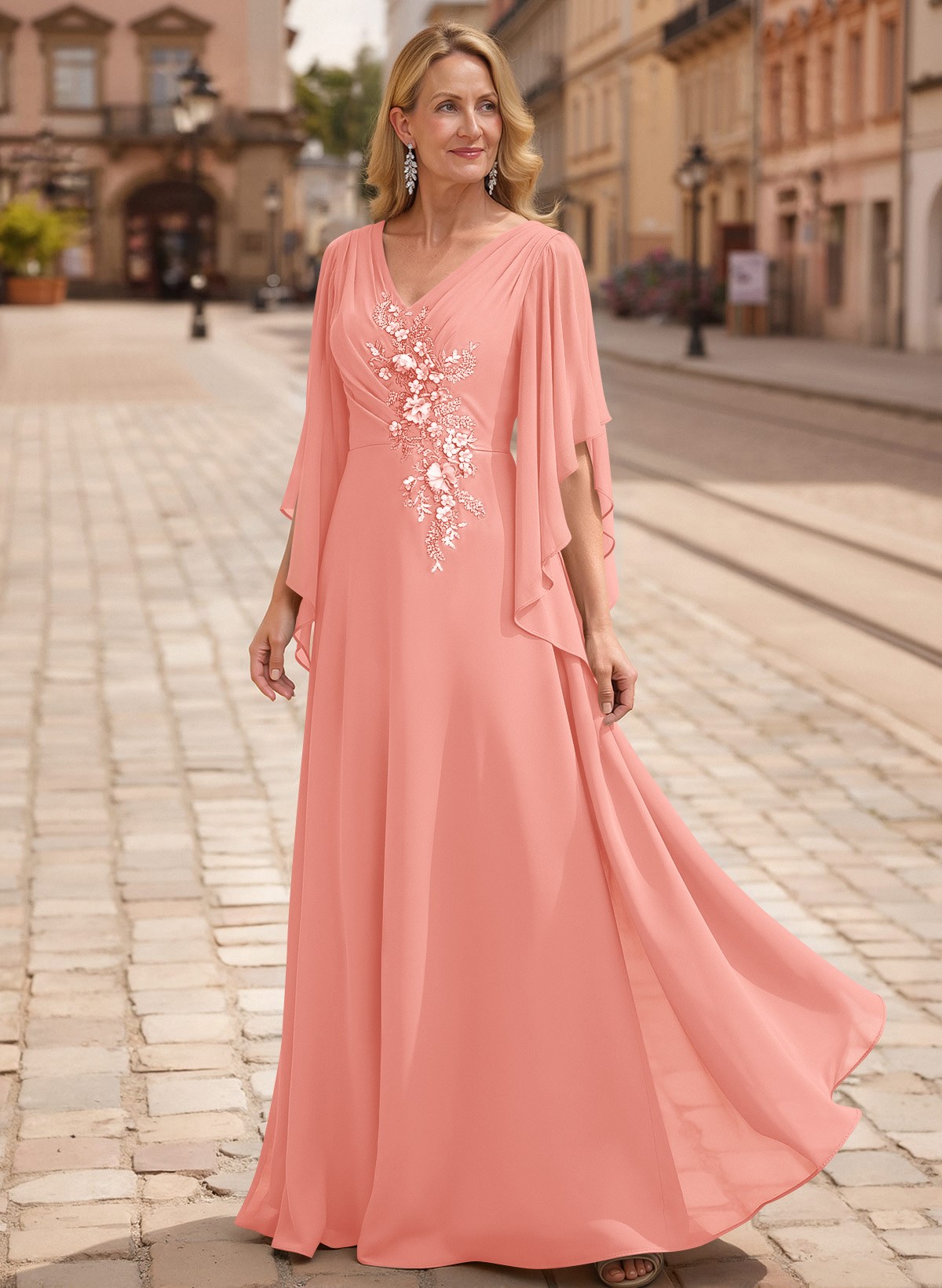 A-Line V-Neck 1/2 Sleeves Floor-Length Chiffon Mother Of The Bride Dresses With Appliques Lace