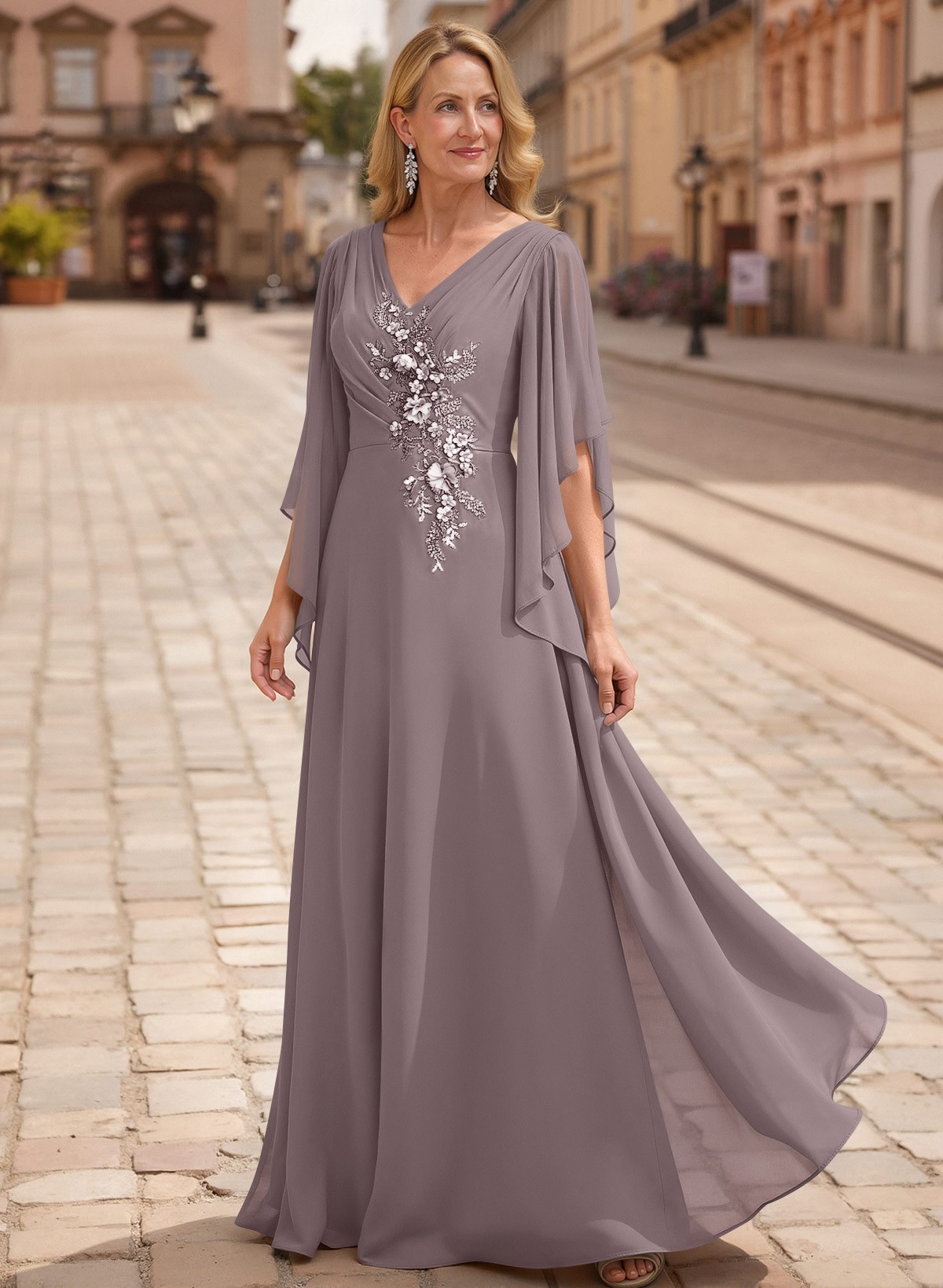 A-Line V-Neck 1/2 Sleeves Floor-Length Chiffon Mother Of The Bride Dresses With Appliques Lace