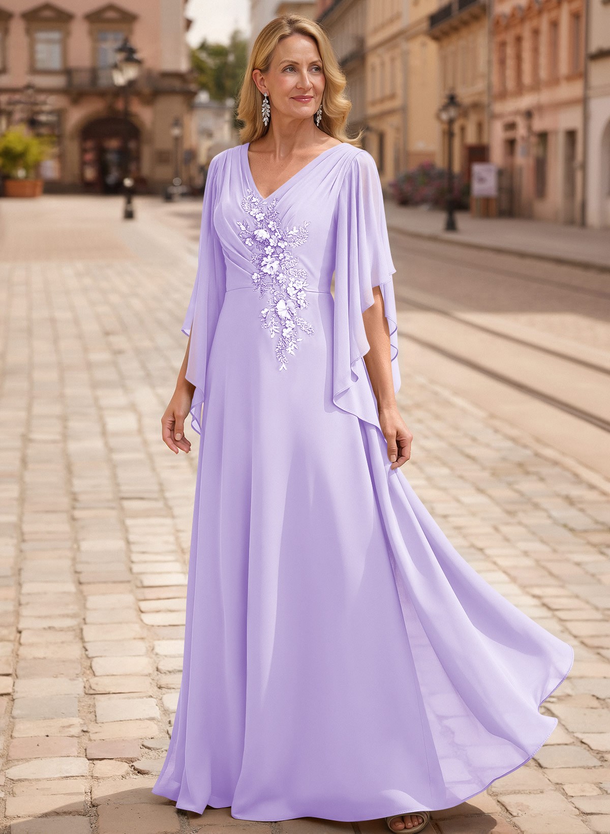 A-Line V-Neck 1/2 Sleeves Floor-Length Chiffon Mother Of The Bride Dresses With Appliques Lace
