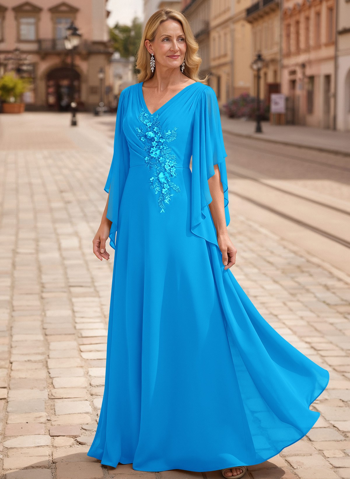 A-Line V-Neck 1/2 Sleeves Floor-Length Chiffon Mother Of The Bride Dresses With Appliques Lace