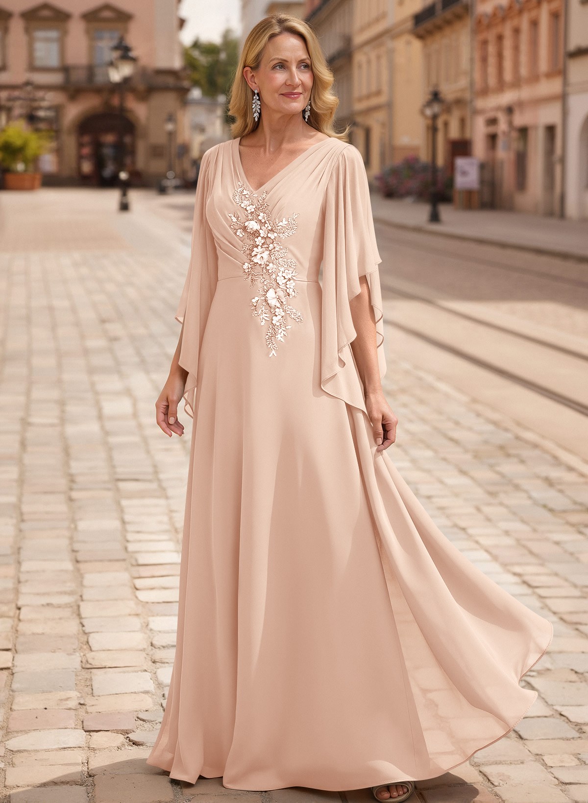 A-Line V-Neck 1/2 Sleeves Floor-Length Chiffon Mother Of The Bride Dresses With Appliques Lace