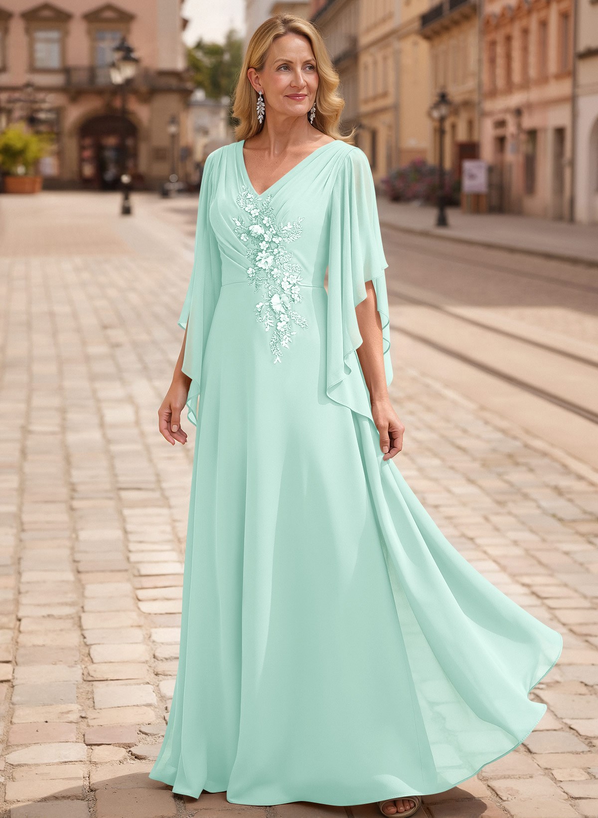 A-Line V-Neck 1/2 Sleeves Floor-Length Chiffon Mother Of The Bride Dresses With Appliques Lace