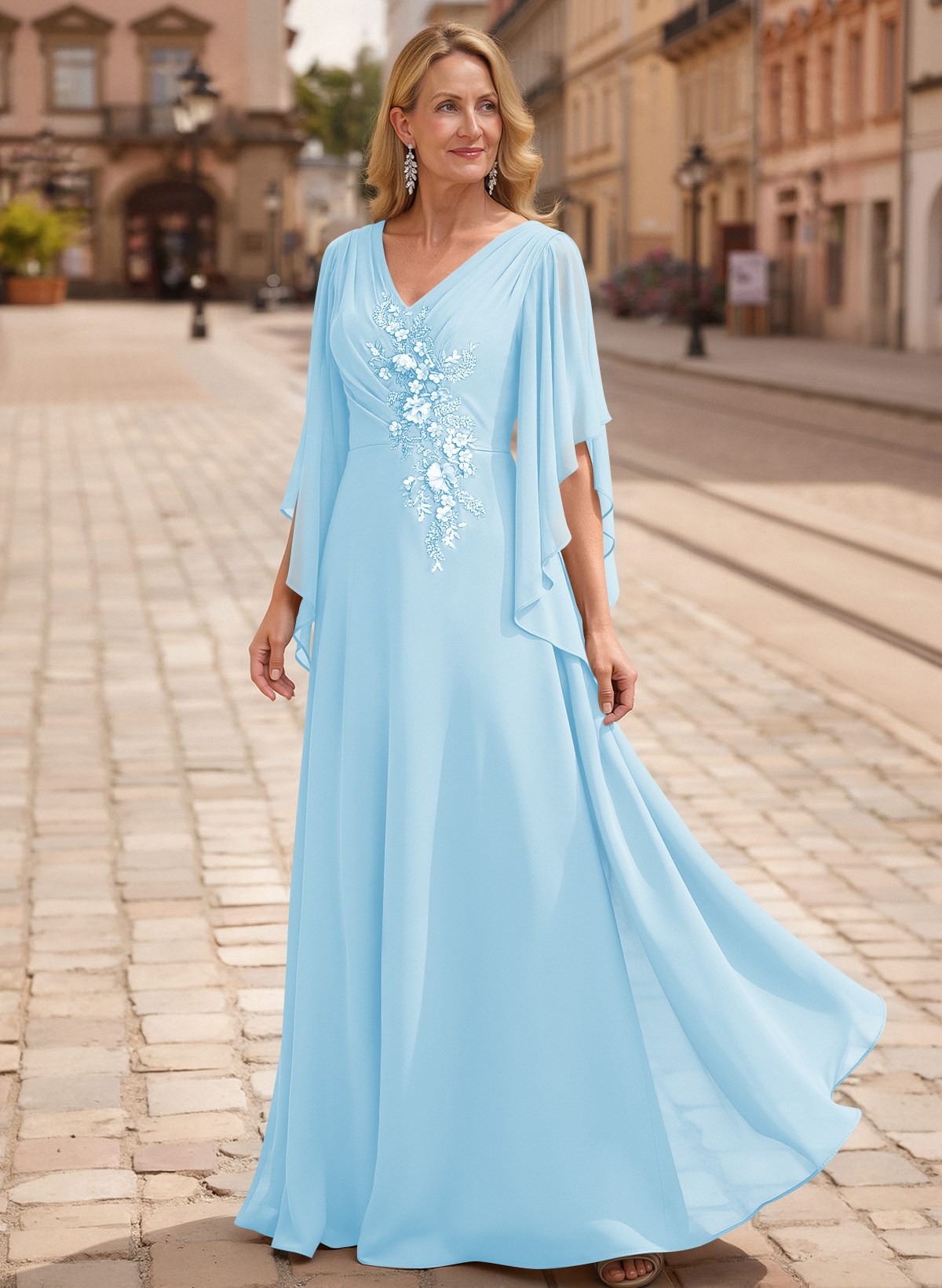 A-Line V-Neck 1/2 Sleeves Floor-Length Chiffon Mother Of The Bride Dresses With Appliques Lace