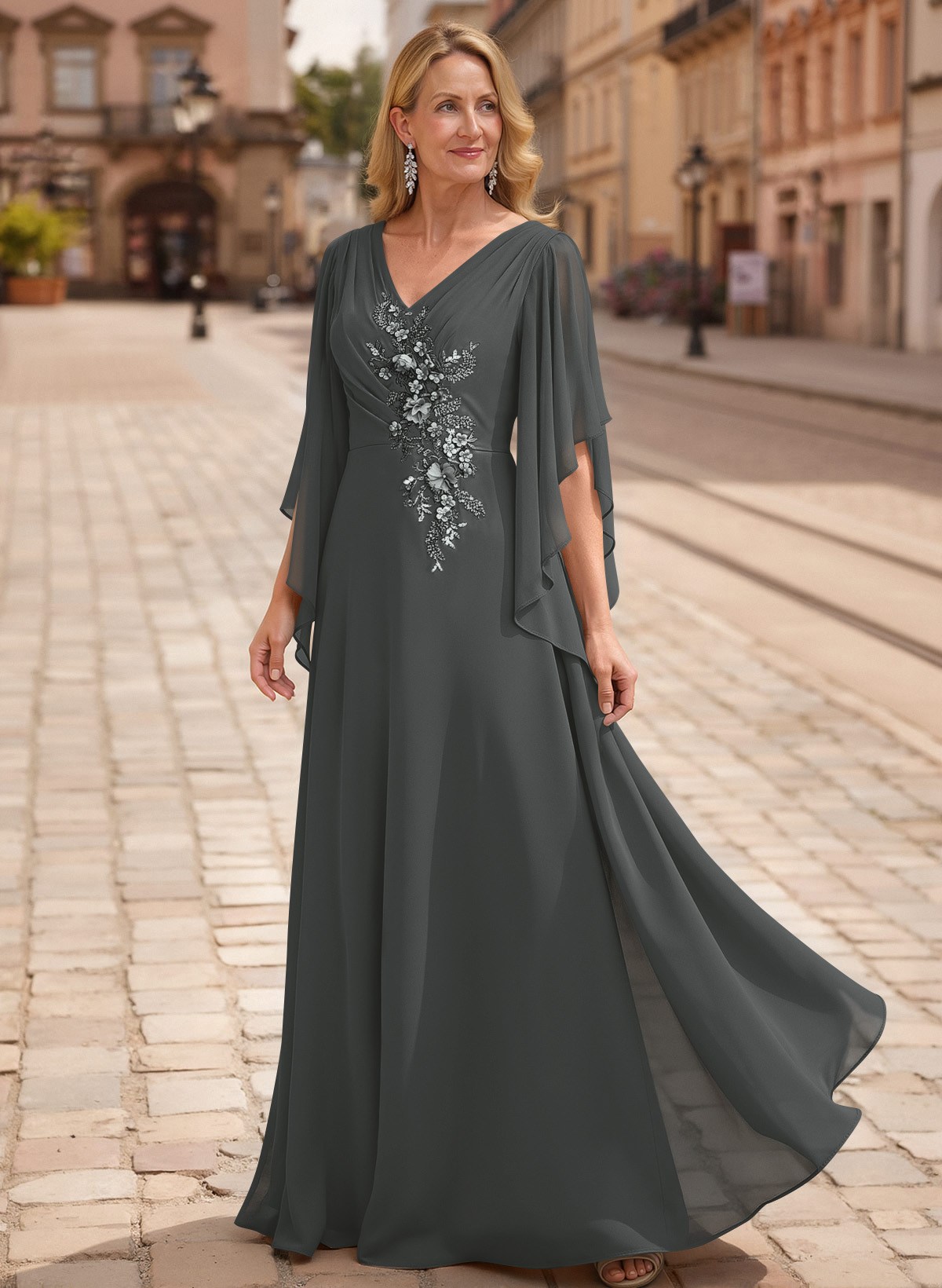 A-Line V-Neck 1/2 Sleeves Floor-Length Chiffon Mother Of The Bride Dresses With Appliques Lace