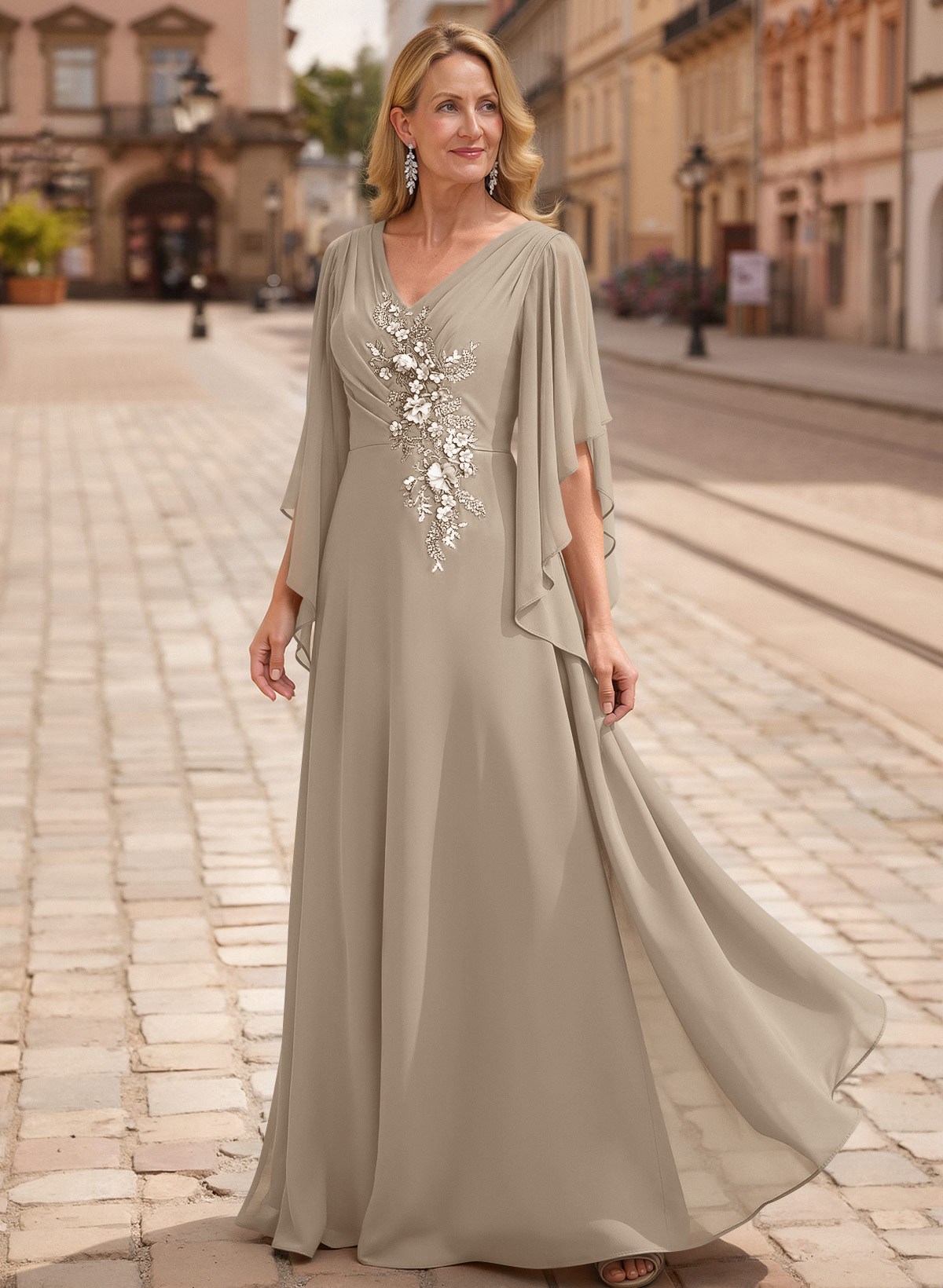 A-Line V-Neck 1/2 Sleeves Floor-Length Chiffon Mother Of The Bride Dresses With Appliques Lace
