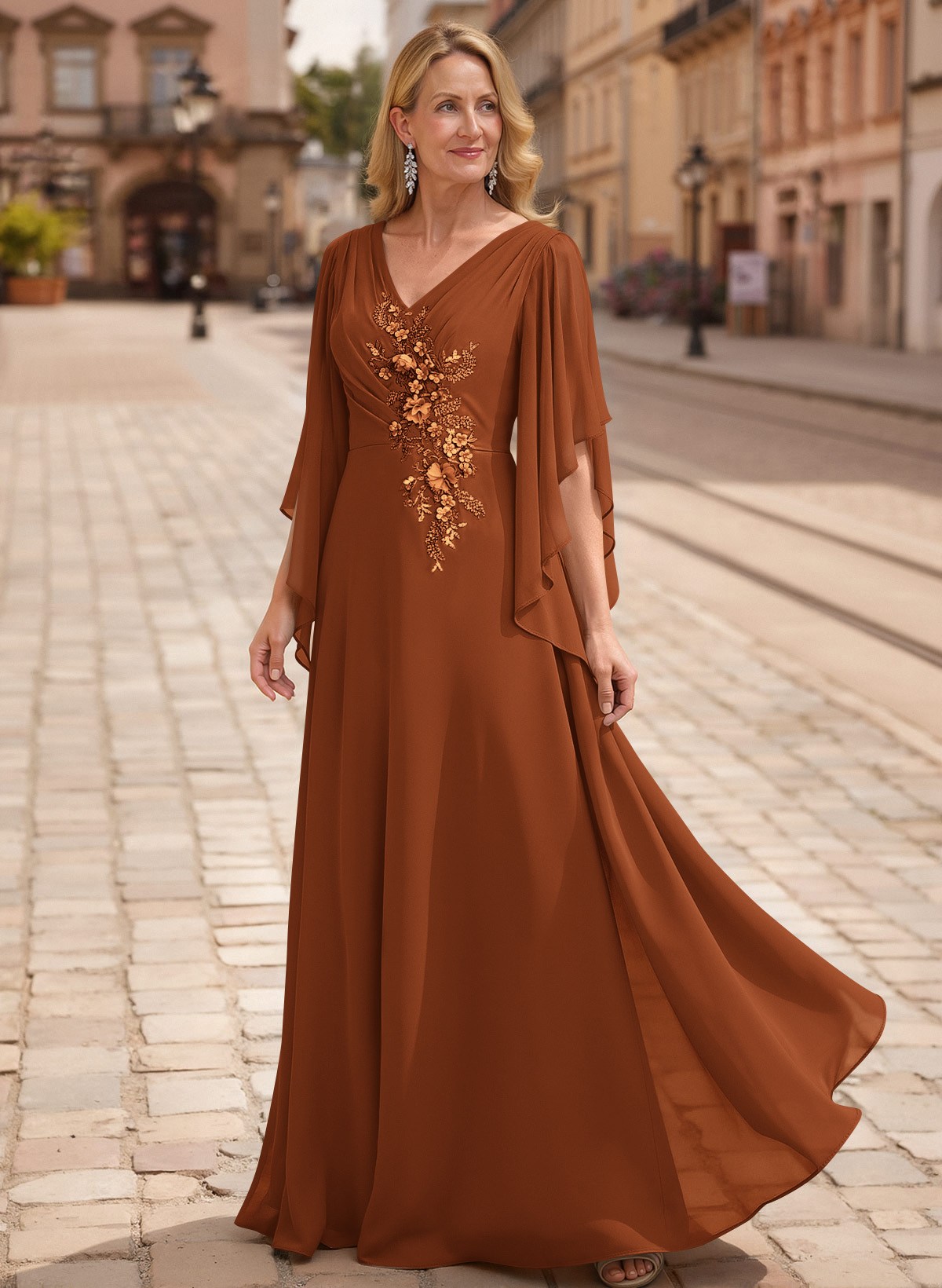 A-Line V-Neck 1/2 Sleeves Floor-Length Chiffon Mother Of The Bride Dresses With Appliques Lace