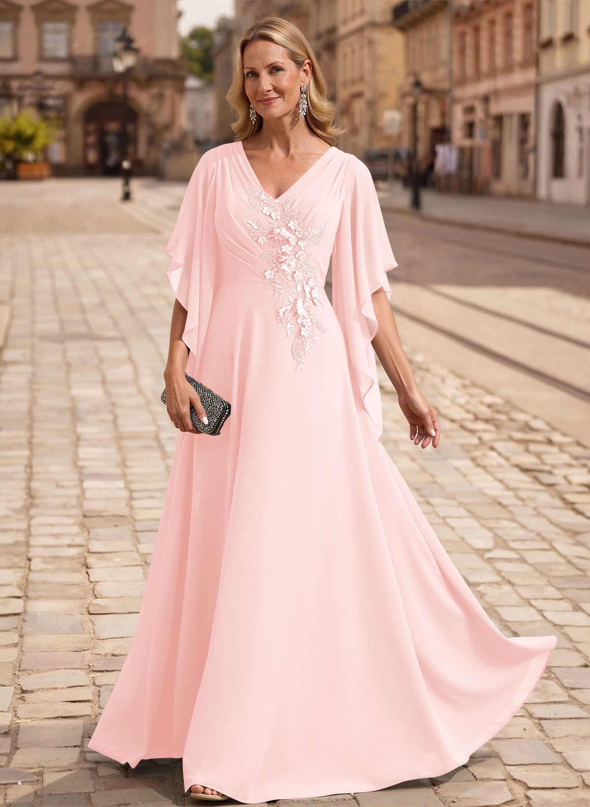A-Line V-Neck 1/2 Sleeves Floor-Length Chiffon Mother Of The Bride Dresses With Appliques Lace