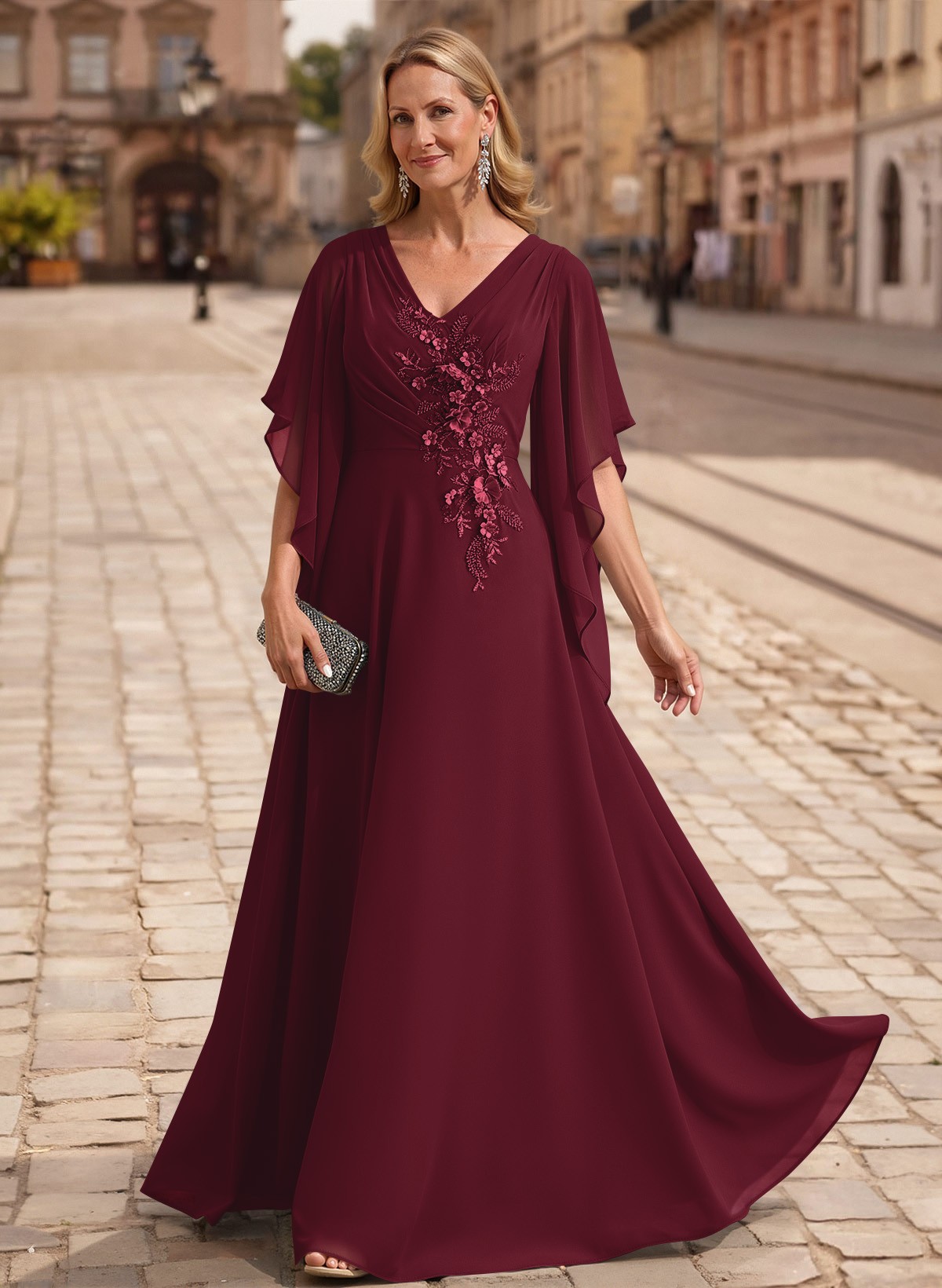 A-Line V-Neck 1/2 Sleeves Floor-Length Chiffon Mother Of The Bride Dresses With Appliques Lace