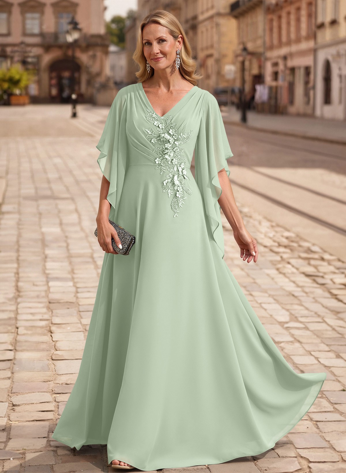 A-Line V-Neck 1/2 Sleeves Floor-Length Chiffon Mother Of The Bride Dresses With Appliques Lace