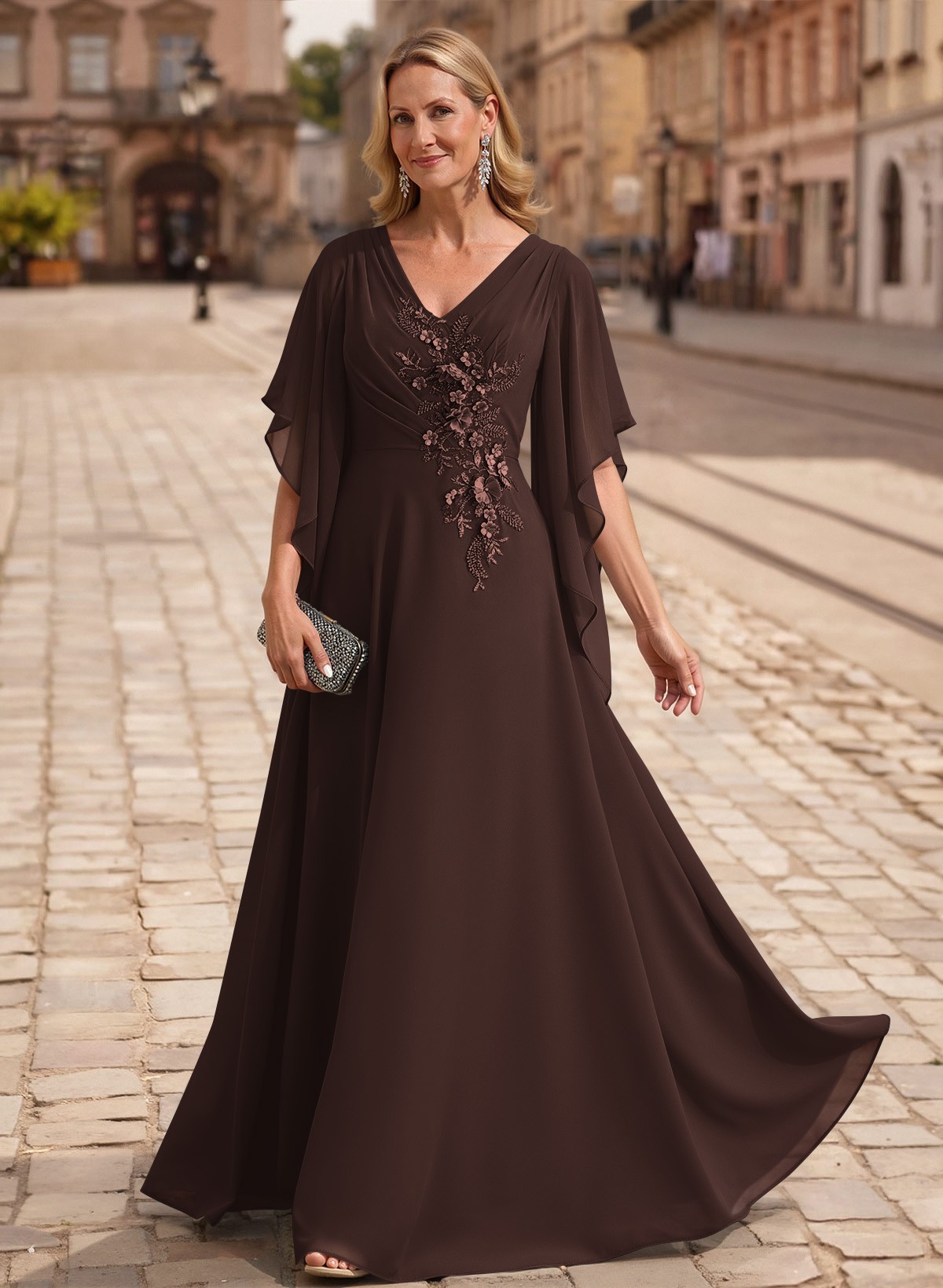 A-Line V-Neck 1/2 Sleeves Floor-Length Chiffon Mother Of The Bride Dresses With Appliques Lace