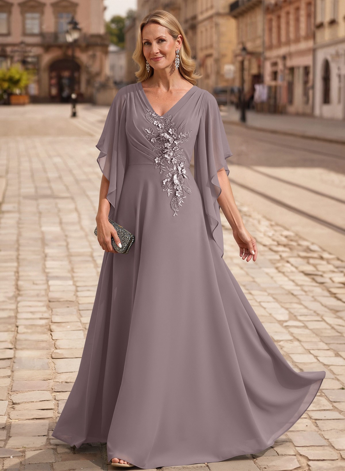 A-Line V-Neck 1/2 Sleeves Floor-Length Chiffon Mother Of The Bride Dresses With Appliques Lace